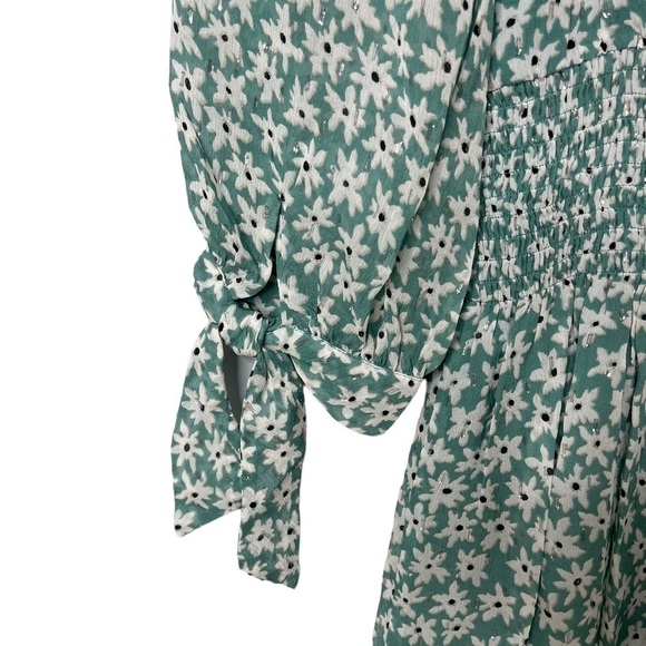 Rebecca Taylor Floral Silk Dress Smocked Waist Metallic Accents Green Size Small - Picture 7 of 10